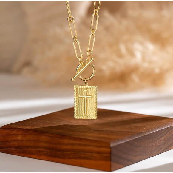 Cross Necklace, Chunky Gold Plate rectangle cross charm, paperclip chain, toggle - Picture 1 of 5